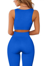 Load image into Gallery viewer, QINSEN Ribbed Womens 2 Piece Workout Sets Notch Neckline Crop Tank Seamless High Waist Yoga Leggings Gmy Outfit Sapphire Blue