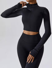 Load image into Gallery viewer, OMEWEE Workout Outfits for Women 3 Piece Long Sleeve Zip Up Cropped Jacket, Sports Bra and Tummy Control Leggings Black