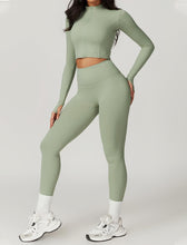 Load image into Gallery viewer, OMEWEE Workout Outfits for Women 3 Piece Long Sleeve Zip Up Cropped Jacket, Sports Bra and Tummy Control Leggings Light green