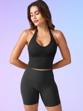 Load image into Gallery viewer, YEOREO Women's Halter Crop Top V Neck Workout Going Out Tank Top Hazel Padded Sleeveless Backless Trendy Summer Camisole Black