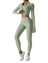 Load image into Gallery viewer, OMEWEE Workout Outfits for Women 3 Piece Long Sleeve Zip Up Cropped Jacket, Sports Bra and Tummy Control Leggings Light green