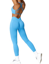 Load image into Gallery viewer, ABOCIW Workout Sets for Women 2 Piece Seamless V Back Scrunch Butt Lifting High Waist Leggings Cross Back Strappy Sports Bra for Women Gym Sets Y-Blue
