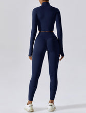 Load image into Gallery viewer, OMEWEE Workout Outfits for Women 3 Piece Long Sleeve Zip Up Cropped Jacket, Sports Bra and Tummy Control Leggings Navy blue