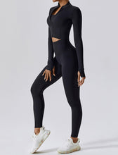 Load image into Gallery viewer, OMEWEE Workout Outfits for Women 3 Piece Long Sleeve Zip Up Cropped Jacket, Sports Bra and Tummy Control Leggings Black