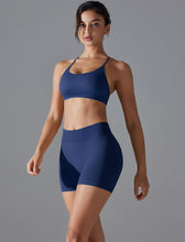 Load image into Gallery viewer, ABOCIW Workout Sets for Women Seamless V Back Scrunch Butt Lifting High Waist Biker Shorts Cross Back Sports Bra 2 Piece Yoga Gym Sets Navy Blue