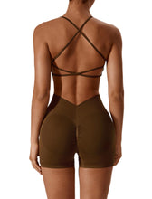 Load image into Gallery viewer, ABOCIW Womens Workout Sets Seamless Criss Cross Back Sports Bra V Back Scrunch Butt Lifting High Waist Biker Shorts 2 Piece Yoga Gym Sets Brown