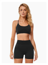 Load image into Gallery viewer, ABOCIW Workout Sets for Women Seamless V Back Scrunch Butt Lifting High Waist Biker Shorts Cross Back Sports Bra 2 Piece Yoga Gym Sets Black