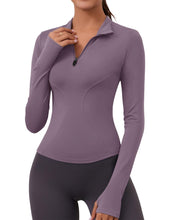 Load image into Gallery viewer, LOMON Women Long Sleeve Tops Dry Fit Workout T Shirt 1/4 Quarter Half Zip Women Polo Athletic Shirts (Grey Purple)