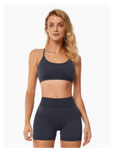 Load image into Gallery viewer, ABOCIW Women Seamless 2 Piece Workout Sets Cross Back Strappy Sports Bra V Back Scrunch Butt Lifting High Waist Booty Shorts Outfits Dark Green