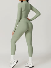 Load image into Gallery viewer, OMEWEE Workout Outfits for Women 3 Piece Long Sleeve Zip Up Cropped Jacket, Sports Bra and Tummy Control Leggings Light green