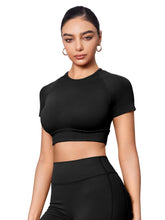 Load image into Gallery viewer, YEOREO Womens Short Sleeve Crop Tops Caliyta Seamless Workout Impact T Shirts Crew Neck Raglan Gym Yoga Tees Slim Fit Black