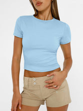 Load image into Gallery viewer, AUTOMET Womens Short Sleeve T Shirts Basic Summer 2025 Workout Tops Crew Neck Gym Crop Tops Trendy Y2K Clothes Baby Blue