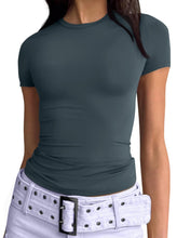 Load image into Gallery viewer, AUTOMET Womens Short Sleeve T Shirts Basic Crew Neck Crop Tops Tight Going Out Y2K Trendy Summer Clothes 2025 Haze Blue S