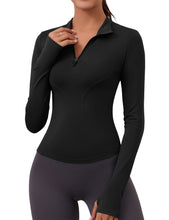 Load image into Gallery viewer, Workout Shirts Women Long Sleeve Yoga Tops Sports Running Shirts Half Zip Pullover Athletic Top Slim Fit Cropped(Black)