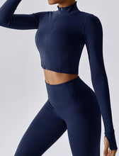 Load image into Gallery viewer, OMEWEE Workout Outfits for Women 3 Piece Long Sleeve Zip Up Cropped Jacket, Sports Bra and Tummy Control Leggings Navy blue