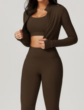 Load image into Gallery viewer, OMEWEE Workout Outfits for Women 3 Piece Long Sleeve Zip Up Cropped Jacket, Sports Bra and Tummy Control Leggings Brown