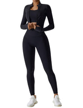 Load image into Gallery viewer, OMEWEE Workout Outfits for Women 3 Piece Long Sleeve Zip Up Cropped Jacket, Sports Bra and Tummy Control Leggings Black