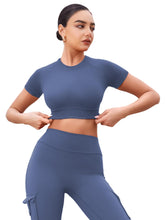 Load image into Gallery viewer, YEOREO Womens Short Sleeve Crop Tops Caliyta Seamless Workout Impact T Shirts Crew Neck Raglan Gym Yoga Tees Slim Fit Blue Gray
