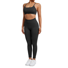 Load image into Gallery viewer, SUUKSESS Women Seamless 2 piece Workout Sets Strappy Padded Sports Bra Booty High Waisted Leggings Outfits (Black)