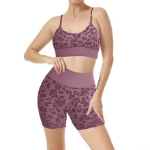 Load image into Gallery viewer, Women Seamless Yoga Set 2 Piece Workout Sport Bra with High Waist Shorts Legging Outfit Tracksuit.JNINTH (Leopard Grape Purple)