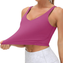 Load image into Gallery viewer, Women’s Longline Sports Bra Wirefree Padded Medium Support Yoga Bras Gym Running Workout Tank Tops(Fuchsia)