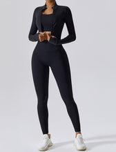 Load image into Gallery viewer, OMEWEE Workout Outfits for Women 3 Piece Long Sleeve Zip Up Cropped Jacket, Sports Bra and Tummy Control Leggings Black