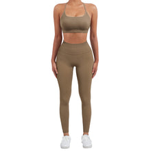 Load image into Gallery viewer, SUUKSESS Women Seamless 2 piece Workout Sets Strappy Padded Sports Bra Booty High Waisted Leggings Outfits (Dark Coffee)