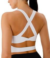 Load image into Gallery viewer, JOYSPELS Sports Bras for Women Extra Comfort Criss-Cross Back Padded Workout Tops for Women Medium Support White