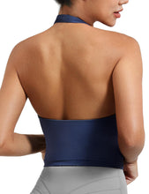 Load image into Gallery viewer, YEOREO Women's Halter Crop Top V Neck Workout Going Out Tank Top Hazel Padded Sleeveless Backless Trendy Summer Camisole Navy