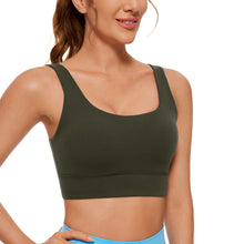 Load image into Gallery viewer, CRZ YOGA Butterluxe Womens U Back Sports Bra - Scoop Neck Padded Low Impact Yoga Clothes Workout Crop Top with Built in Pads Olive Green