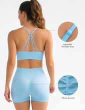 Load image into Gallery viewer, FRESOUGHT Workout Sets for Women 2 Piece Ribbed Yoga Outfits Crop Tops Seamless Gym High Waisted Biker Shorts Set Light Blue
