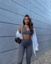Load image into Gallery viewer, QINSEN Womens Yoga Pants Bodycon 2 Piece Outfits Cropped Tops High Waist Seamless Leggings Dark Grey