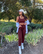 Load image into Gallery viewer, QINSEN High Waisted Leggings for Women GMY Workout Sport Bra Tops 2 Piece Outfits Coffee