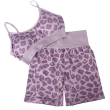 Load image into Gallery viewer, Women Seamless Yoga Set 2 Piece Workout Sport Bra with High Waist Shorts Legging Outfit Tracksuit.JNINTH (Leopard Grape Purple)