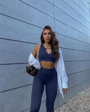 Load image into Gallery viewer, QINSEN Women's Yoga Workout Outfits 2 Piece High Waisted Leggings with Sports Bra Gym Clothes Sets 08 Dark Blue
