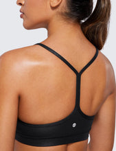 Load image into Gallery viewer, CRZ YOGA Butterluxe Womens Y Back Sports Bra - Padded Racerback Low Impact Spaghetti Thin Strap Workout Yoga Top Faux Leather Black