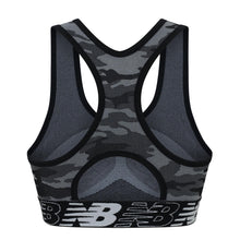 Load image into Gallery viewer, New Balance Womens Seamless Wirefree, Racerback Sports Bra with Removable Pads, Bottom Band with Logo, Camo Black