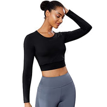 Load image into Gallery viewer, TrainingGirl Women Cutout Workout Crop Tops Long Sleeves Open Back Yoga Shirts Slim Fit Gym Athletic Shirts with Built in Bra (Black, Large)