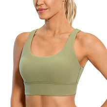Load image into Gallery viewer, CRZ YOGA Butterluxe Womens U Back Sports Bra - Scoop Neck Padded Low Impact Yoga Clothes Workout Crop Top with Built in Pads Moss Green
