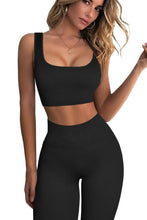 Load image into Gallery viewer, QINSEN Yoga Outfits for Women 2 Piece Set,Ribbed Stretchy Padded Crop Tops GMY Fitted Leggings Black
