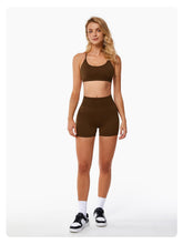 Load image into Gallery viewer, ABOCIW Womens Workout Sets Seamless Criss Cross Back Sports Bra V Back Scrunch Butt Lifting High Waist Biker Shorts 2 Piece Yoga Gym Sets Brown
