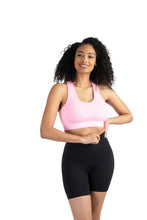 Load image into Gallery viewer, New Balance Womens Seamless Wirefree, Racerback Sports Bra with Removable Pads, Bottom Band with Logo, Black
