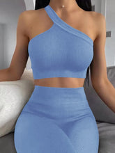 Load image into Gallery viewer, Workout Sets for Women, Two Piece Sexy One Shoulder Matching Crop Tank Top Set,Cut Ribbed Seamless High Waist Shorts (Light Sky Blue)
