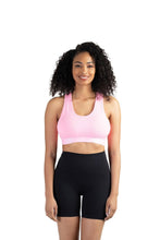 Load image into Gallery viewer, New Balance Womens Seamless Wirefree, Racerback Sports Bra with Removable Pads, Bottom Band with Logo, Peony Glow
