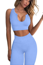 Load image into Gallery viewer, QINSEN Seamless GMY Exercise 2 Piece Leggings Sets Ribbed Stretchy Training Yoga Pants with Sport Bra Active Clothes Sky Blue
