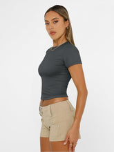 Load image into Gallery viewer, AUTOMET Womens Short Sleeve T Shirts Basic Summer 2025 Workout Tops Crew Neck Gym Crop Tops Trendy Y2K Clothes Gray
