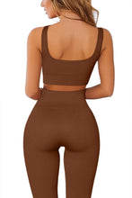 Load image into Gallery viewer, QINSEN Ribbed Workout Outfits for Women 2 Piece Seamless Sport Bra High Waist Yoga Leggings Sets Brown
