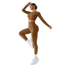 Load image into Gallery viewer, LIGHT DOT Women's Workout Outfits 2 Pieces Yoga Suits Long Sleeve Crop Top High Waist Sport Leggings Active Gym Set (Khaki)
