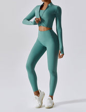 Load image into Gallery viewer, OMEWEE Workout Outfits for Women 3 Piece Long Sleeve Zip Up Cropped Jacket, Sports Bra and Tummy Control Leggings Green
