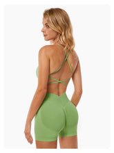 Load image into Gallery viewer, ABOCIW Workout Sets for Women Seamless V Back Scrunch Butt Lifting High Waist Biker Shorts Cross Back Sports Bra 2 Piece Yoga Gym Sets Light Green
